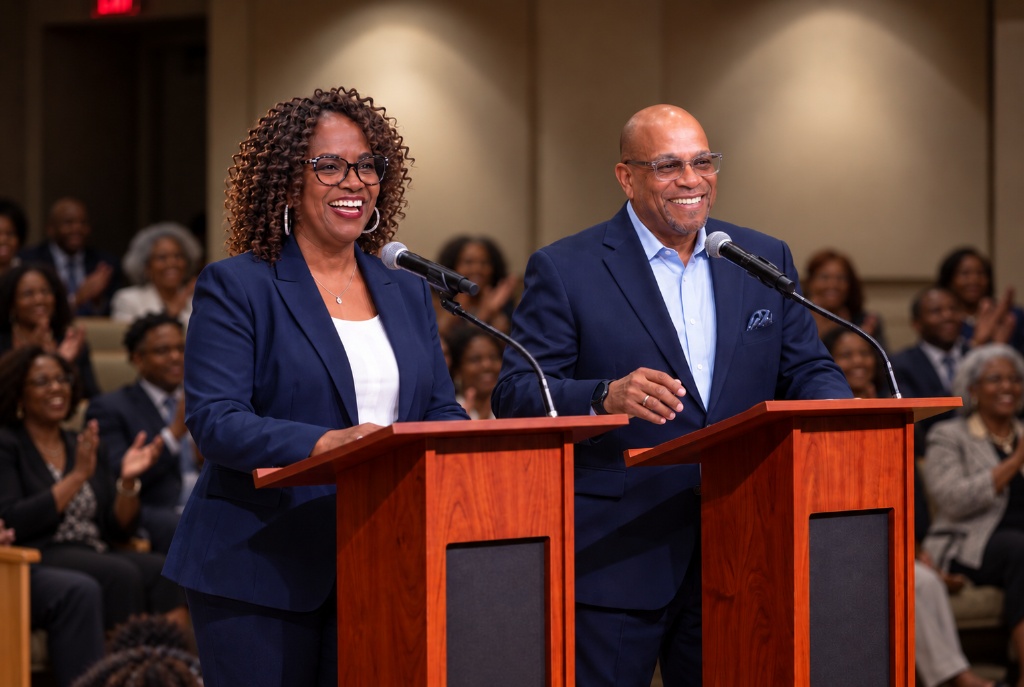 Sylvia and Pepi in professional navy suits speaking at podiums before an applauding audience