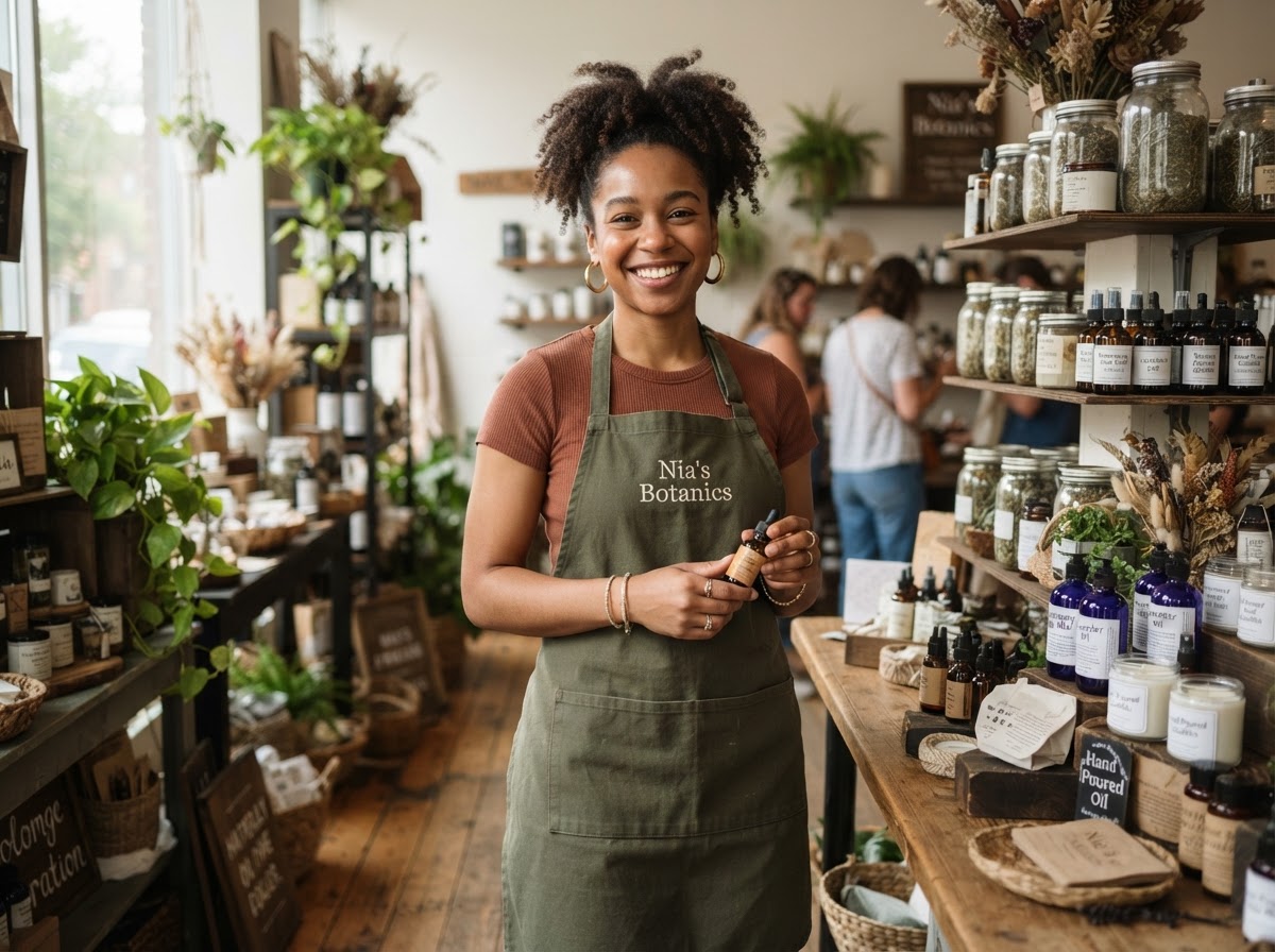 Young African American female small business owner smiling in her shop