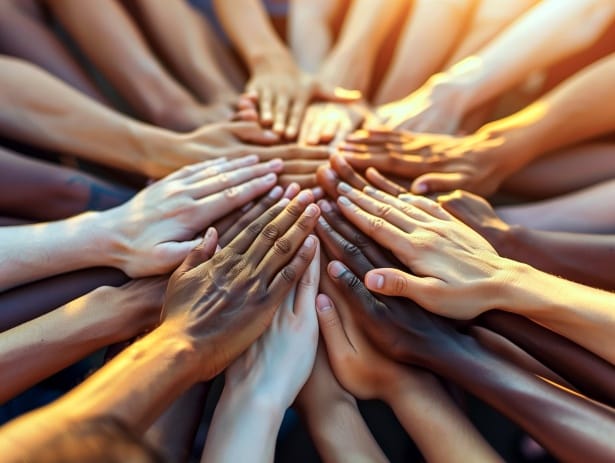 Diverse hands stacked together in unity